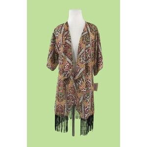 NWT Lularoe Monroe kimono S Paisley‎ butterflies Black Fringe